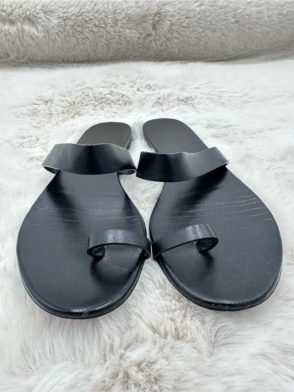 Jenni Kayne The Leather Strap Sandals Toe Post Flats Black Women's 39 US 9